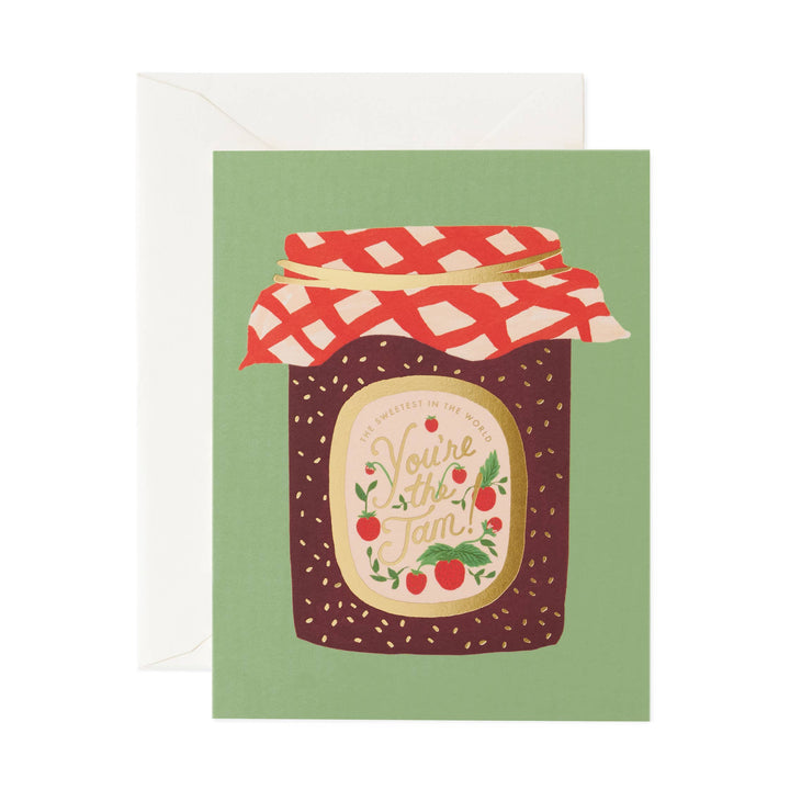 Greeting card with a jar of jam with a label reading "you're the jam" on  green paper