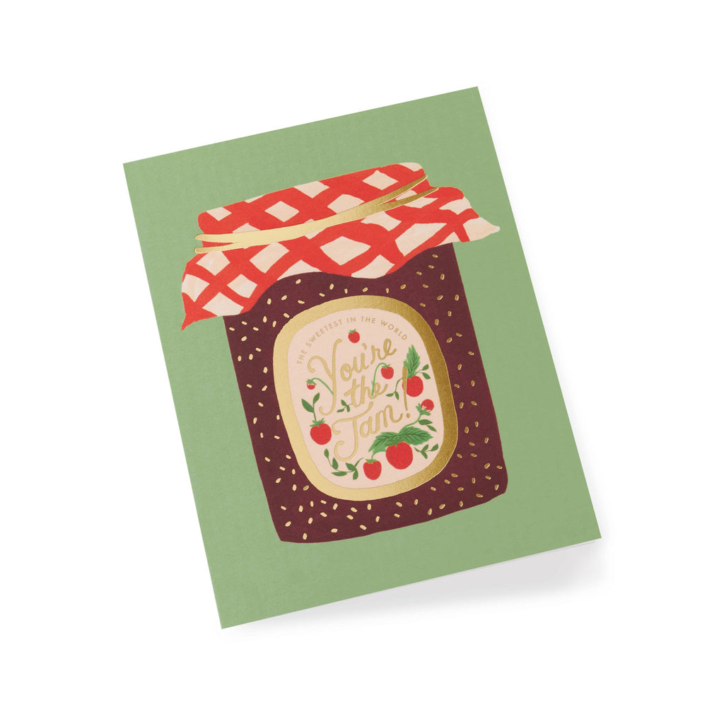 Card with a jar design and text reading "you're the jam" in gold foil on green paper