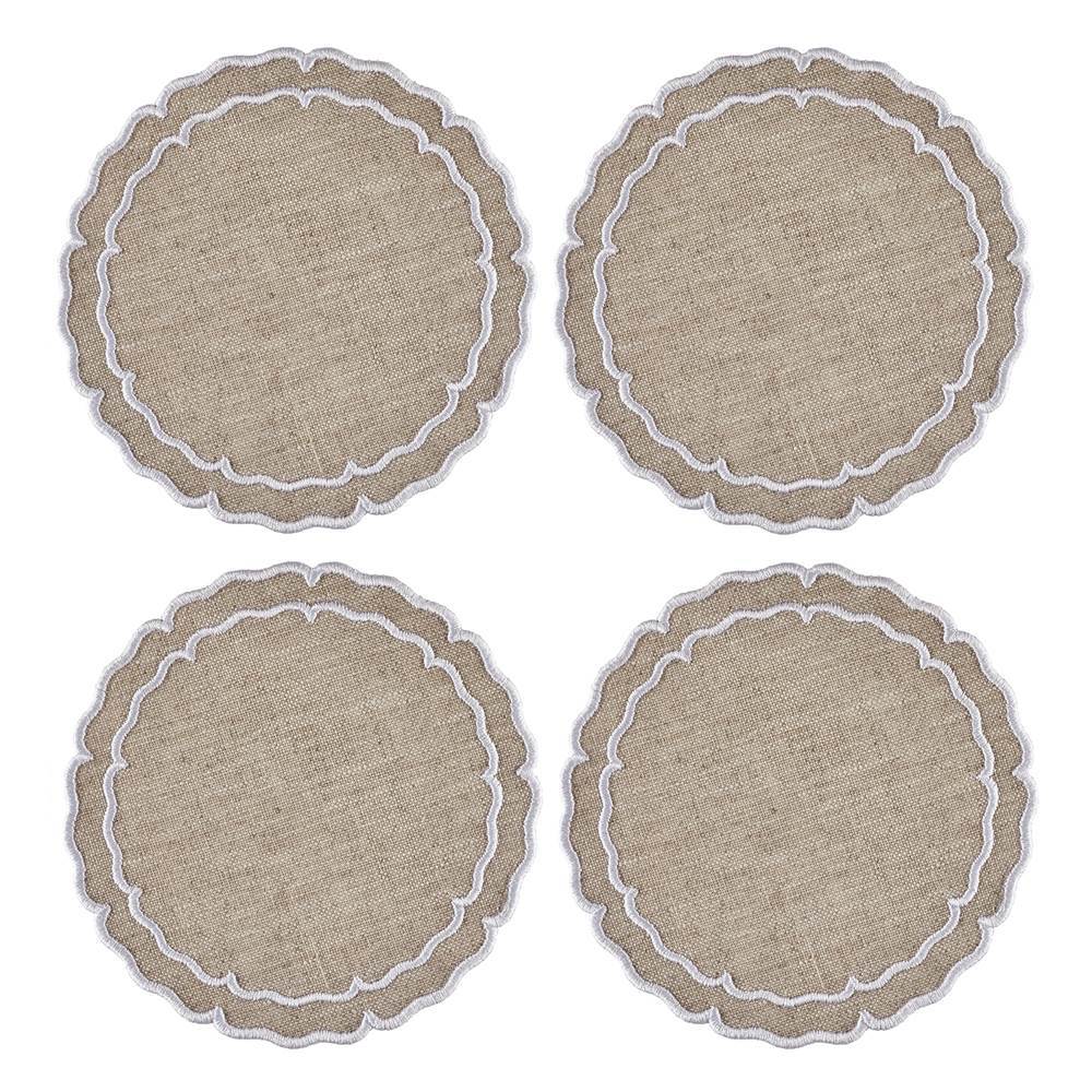 Linho Scalloped Round Coasters in Dark Natural & White