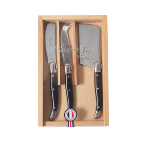 Laguiole Black Mini Cheese Knives in Wooden Box w/ Acrylic Lid