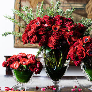 Juliska Harriet Fan Vases with red roses and anemones bouquets