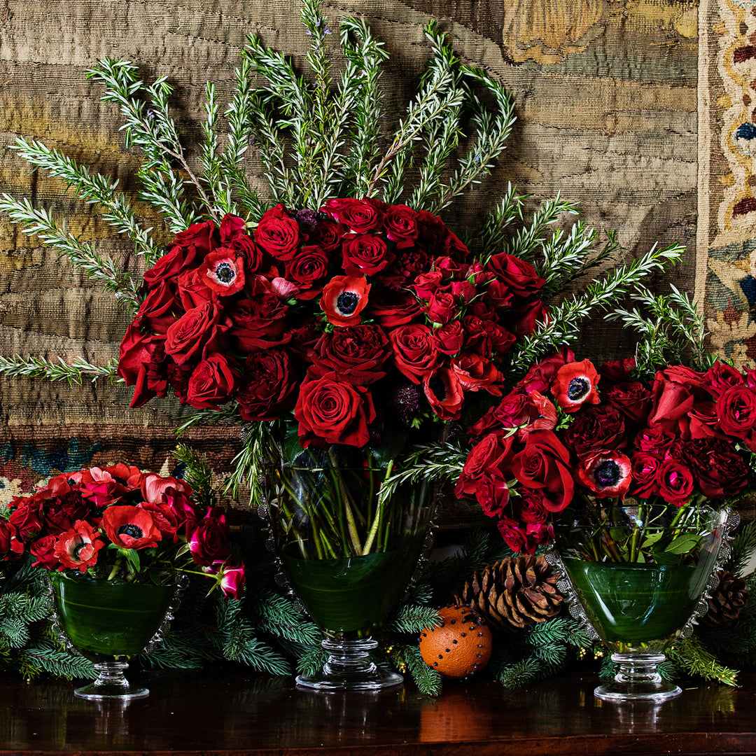 Juliska Harriet Fan Vases with red roses and anemones bouquets