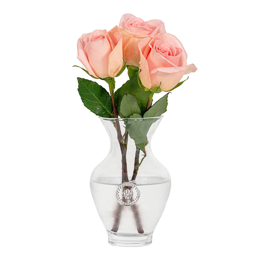 Juliska Berry & Thread Glass Vase 7 inch with pink roses