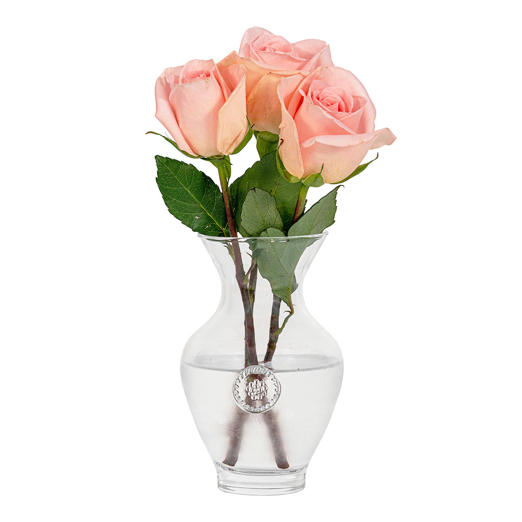 Juliska Berry & Thread Glass Vase 7 inch with pink roses