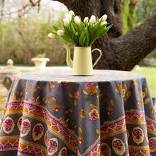 Load image into Gallery viewer, Couleur Nature Pansy Red &amp; Grey Tablecloth with white tulip arrangement in outdoor dining 
