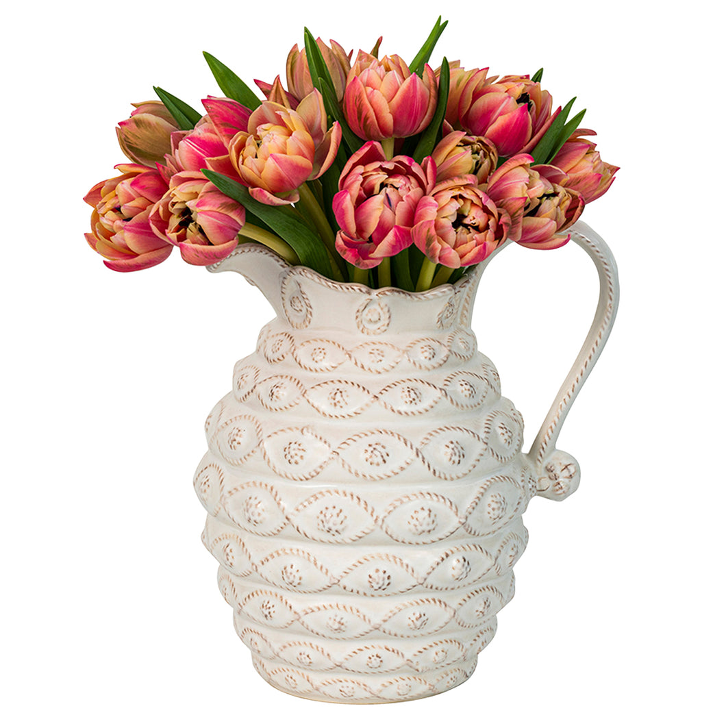 Juliska Jardins du Monde Pitcher and Vase with pink and yellow tulips