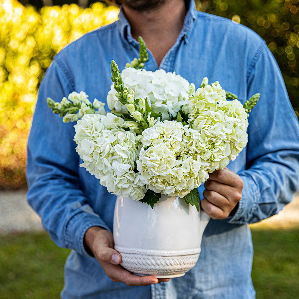 Juliska Le Panier Whitewash Pitcher or vase with white hydrangeas