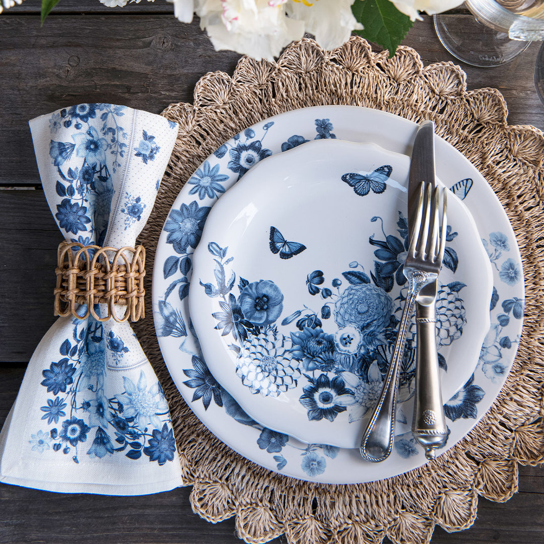 Juliska Mirabelle Chambray Linen Napkin with provence  rattan napkin ring on place setting