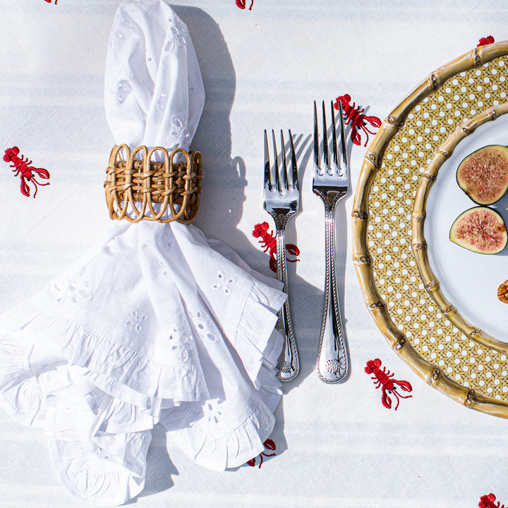 Juliska Eyelet White Napkin with provence rattan napkin ring