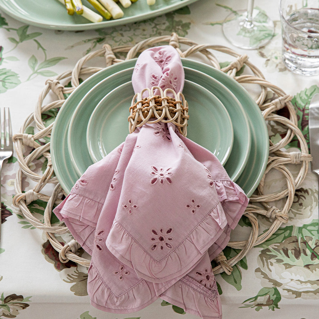 Juliska Eyelet pink Napkin  with provence rattan napkin ring