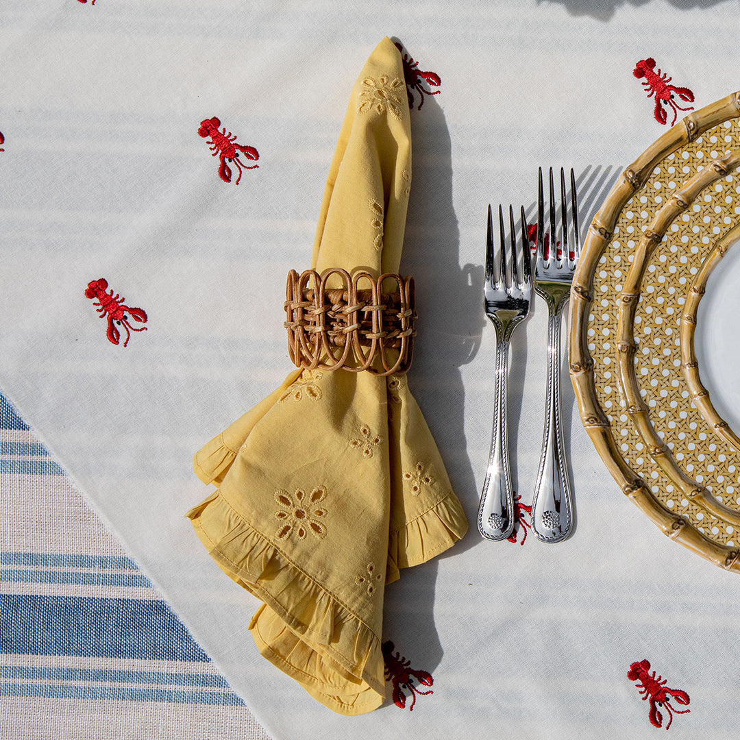 Juliska Eyelet yellow Napkin with provence rattan napkin ring 