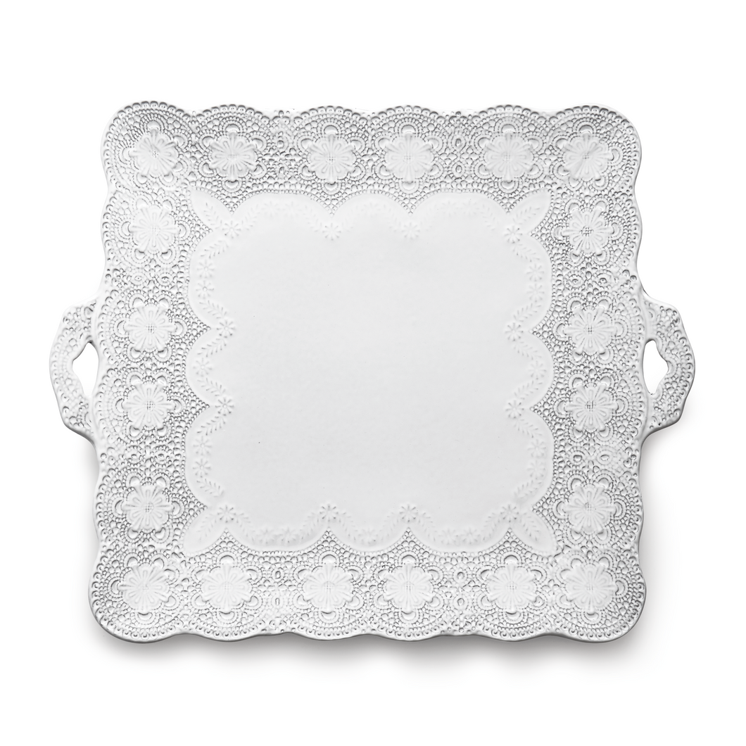 Arte Italica Merletto White Square Handled Platter