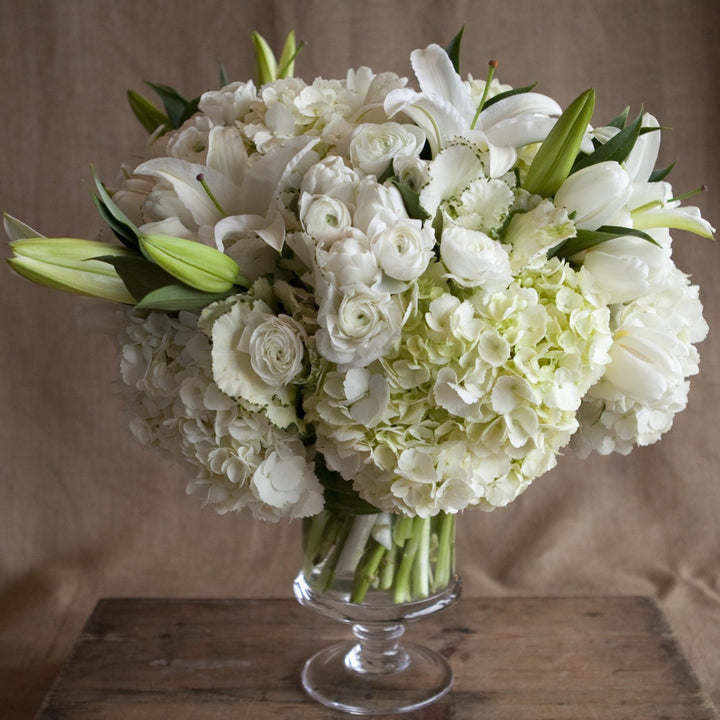 sympathy floral arrangement lilies white ranunculus white hydrangea flowers