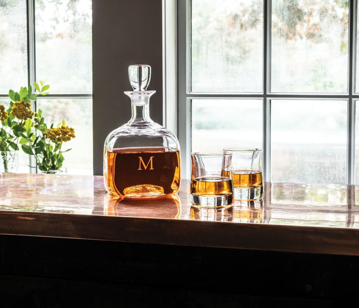 Simon Pearce Shoreham Whiskey with monogrammed decanter