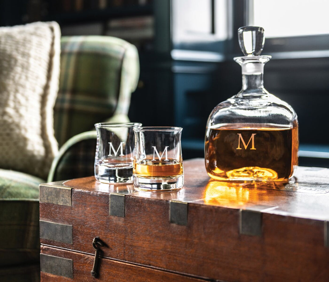 Simon Pearce Shoreham Whiskey monogrammed with monogrammed decanter