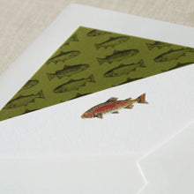 Load image into Gallery viewer, Crane Stationery Set with Embossed Trout Image and Green Fish Pattern on Envelope Liner
